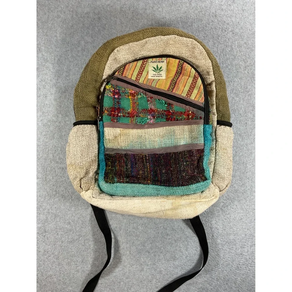 Pure Hemp Patchwork Backpack Made in Nepal Boho Hippie Multi Color Laptop Bag